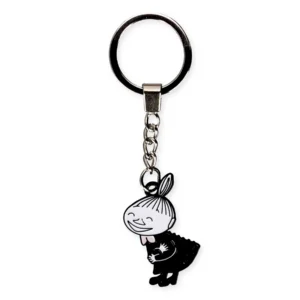 The Moomin Keyring - Little Me Black Dress features a metal keyring with a chain holding a black and white charm of Little My, smiling in her dress—perfect for fans of Moomin accessories. Gate21.ee
