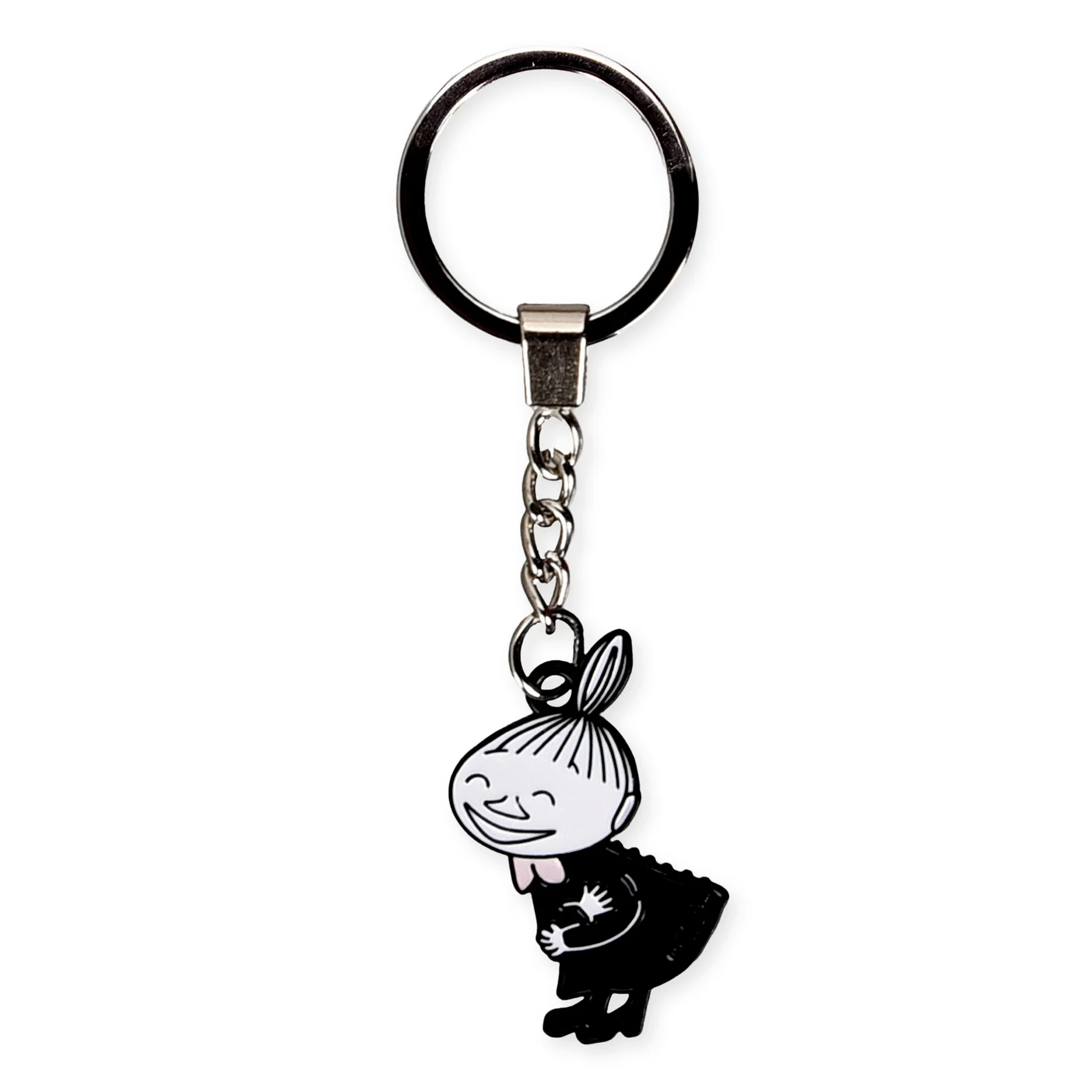 The Moomin Keyring - Little Me Black Dress features a metal keyring with a chain holding a black and white charm of Little My, smiling in her dress—perfect for fans of Moomin accessories. Gate21.ee