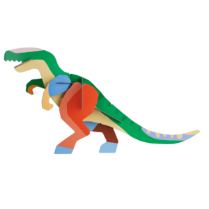The Deluxe T-Rex by StudioROOF is a colourful, stylised dinosaur model made of interlocking pieces in green, orange, blue, yellow, and beige, shown on a black background. Gate21.ee