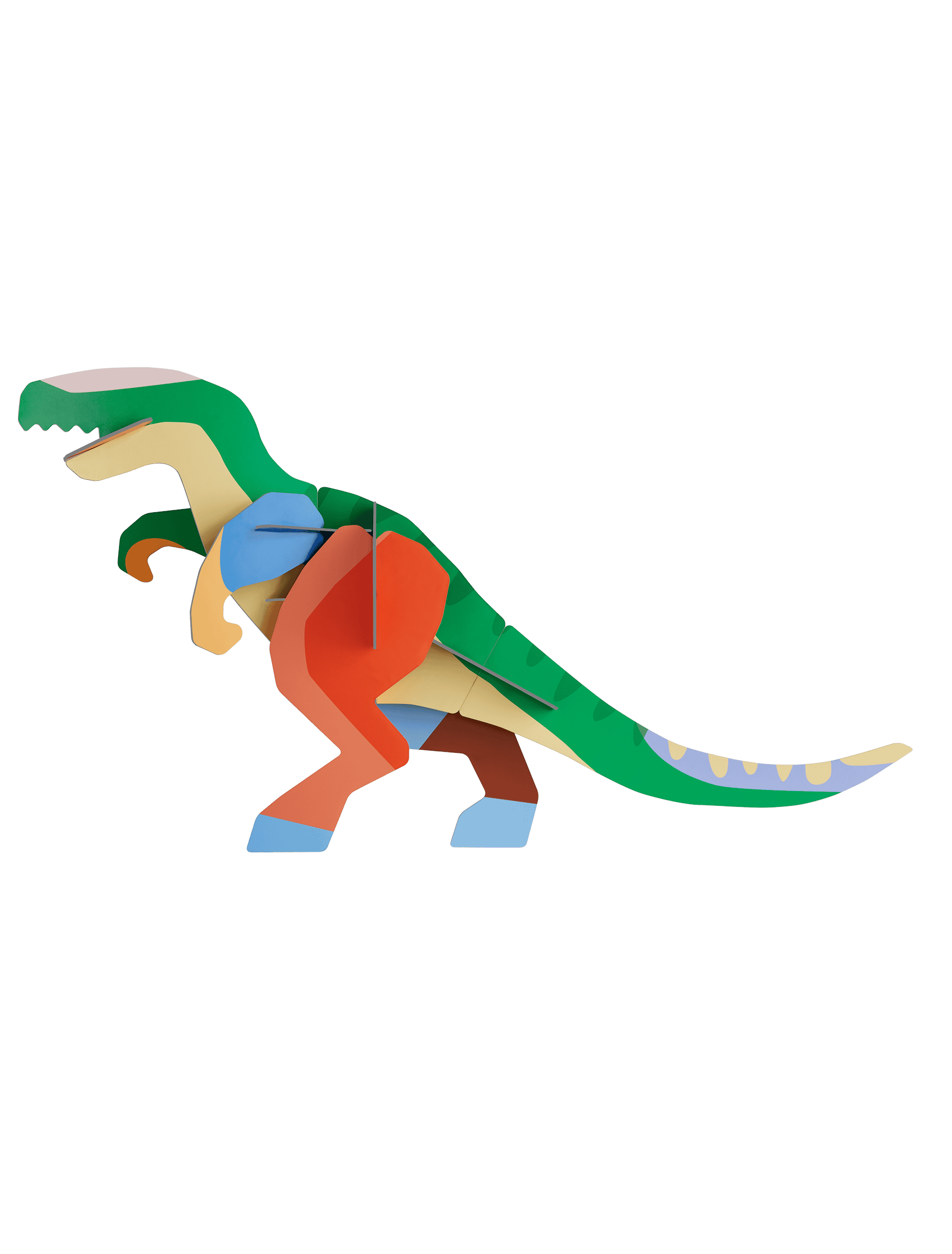 The Deluxe T-Rex by StudioROOF is a colourful, stylised dinosaur model made of interlocking pieces in green, orange, blue, yellow, and beige, shown on a black background. Gate21.ee
