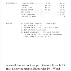 A recipe card from The Cocktail Cabinet: Spritz, titled “Bitter French #08,” features ingredients, instructions, and a drink description in pink and black text on white—making it a stylish addition to your cocktail recipe collection. No images included. Gate21.ee