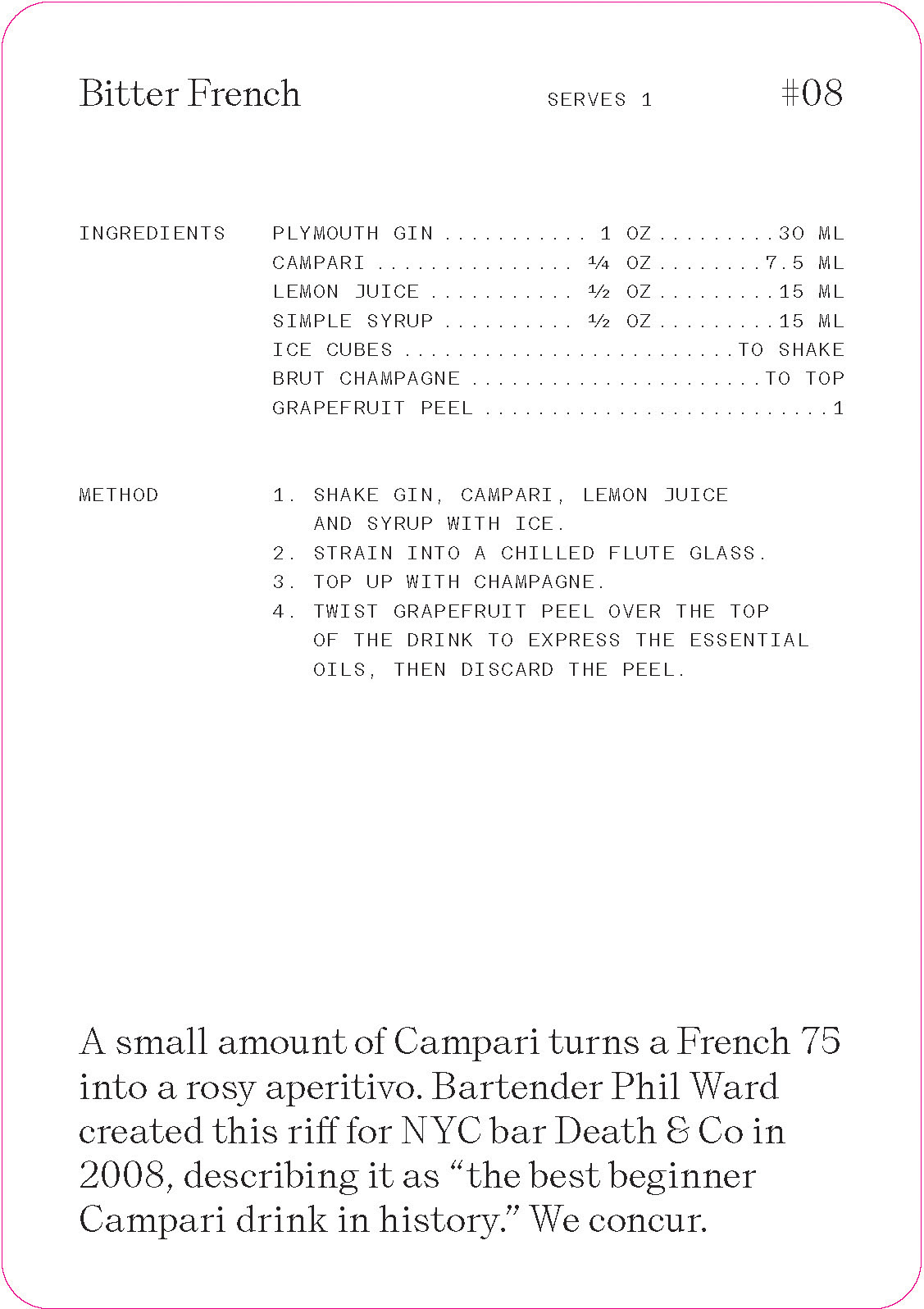 A recipe card from The Cocktail Cabinet: Spritz, titled “Bitter French #08,” features ingredients, instructions, and a drink description in pink and black text on white—making it a stylish addition to your cocktail recipe collection. No images included. Gate21.ee