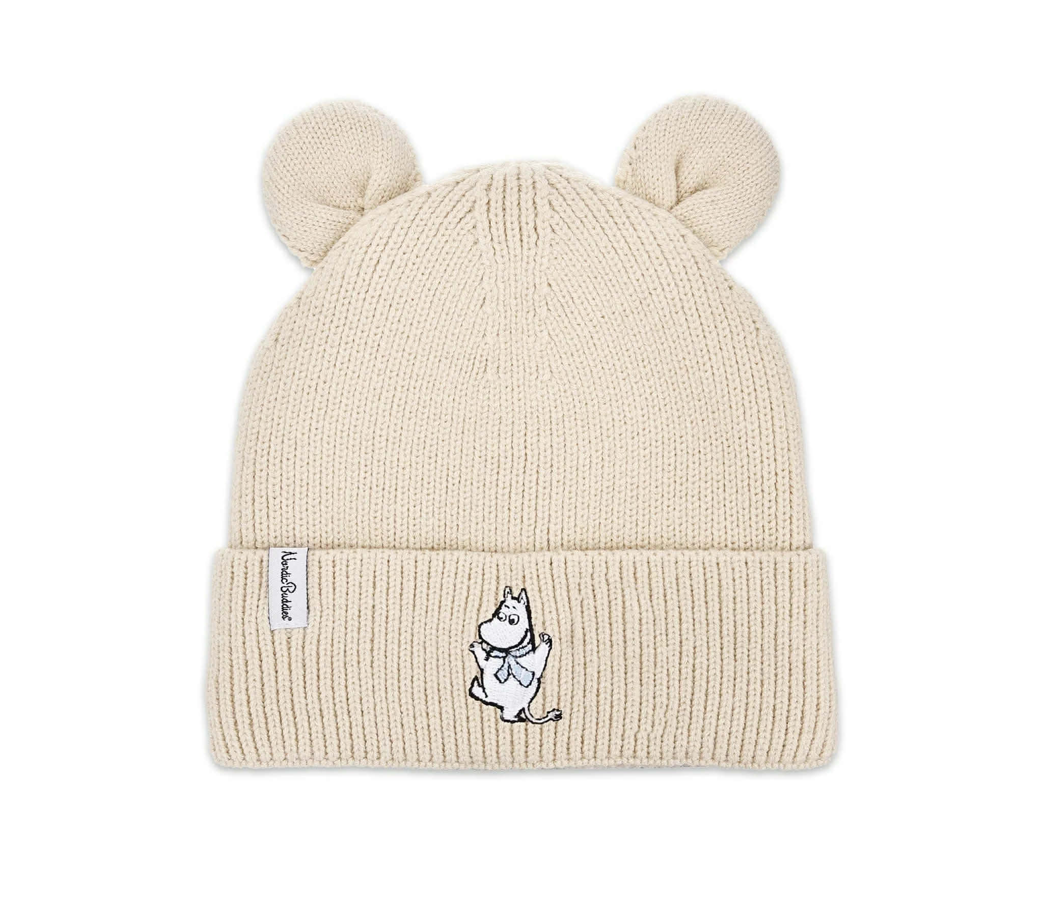 The Moomin Kids Beanie - Pink is a knitted beanie featuring two round bear-like ears, an embroidered cartoon character inspired by Moomin keyrings on the cuff, and a small woven label sewn on the left side of the cuff. Gate21.ee