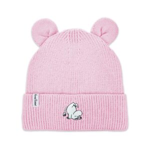 The Moomin Kids Beanie - Pink features two round bear ears, a small embroidered white cat bowing on the front cuff, and a white tag with black text. Pair it with Moomin keyrings for an extra cute, whimsical look. Gate21.ee