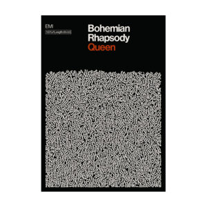 The Bohemian Rhapsody - Lyrics Poster displays "Bohemian Rhapsody Queen" in bold white and orange at the top, with an intricate pattern of overlapping white song lyrics densely filling the black background below. Gate21.ee