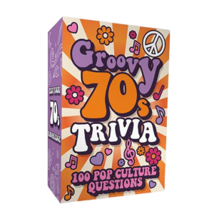 A vibrant orange and purple box labelled "Groovy 70’s Trivia – Card Game" features retro lettering, peace signs, flowers, and hearts. With 100 pop culture questions, it’s perfect for Tallinn shopping or anyone seeking a unique gift idea. Gate21.ee