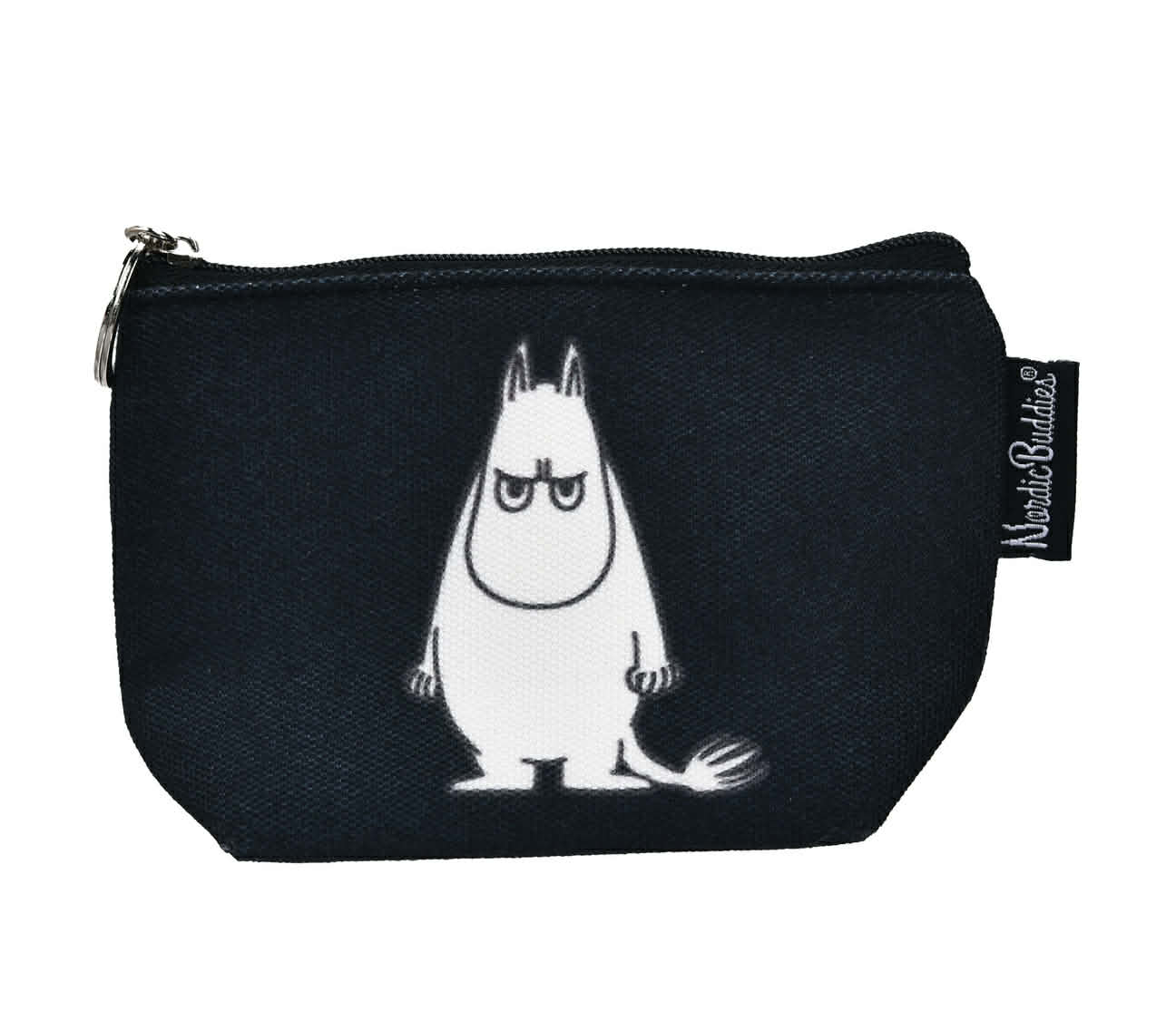 The Moomin Coin Purse - Troll Black is a small black zippered pouch with a white drawing of an unimpressed Moomin character. It has a Nordicbuddies fabric label and pairs perfectly with Moomin keyrings for a coordinated look. Gate21.ee