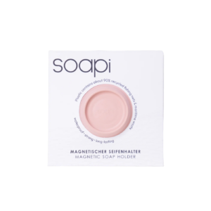The Soapi - Pink magnetic soap holder, made from about 90% recycled fishing nets, is shown centred on white packaging labelled soapi, emphasising its waterproof, strong, and long-lasting design. Gate21.ee