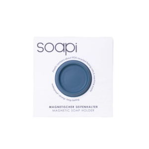 A Soapi - Petrol magnetic soap holder is shown in white “soapi” packaging. Crafted with ~90% recycled plastic, it’s waterproof, durable, and sustainable—a clever eco-friendly addition to your bathroom. Gate21.ee