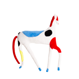 The Abstract Horse - Large Cushion features a white body with red, blue, black, and yellow patches inspired by Estonian design&mdash;an eye-catching plush toy ideal for Tallinn shoppers or anyone seeking a unique present. Shown on a plain white background. Gate21.ee