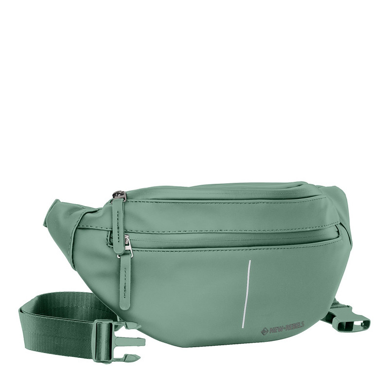 The Waistbag Vancouver - Salie Green by New Rebels features a zippered main compartment, front zip pocket, adjustable buckle strap, and a small vertical reflective strip on the front. Gate21.ee