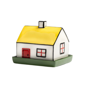 The Butter dish - Haines is a ceramic butter dish shaped like a small house with a yellow roof, red door and window frames, and a green base&mdash;an adorable addition to any gift shop. Gate21.ee