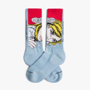The Roy Lichtenstein Hopeless - Athletic socks are light blue with a pop art design of a crying blonde woman on a red background and the text, "That’s the way it should begin, but it’s hopeless." Ribbed segments and black toe text complete the look. Gate21.ee