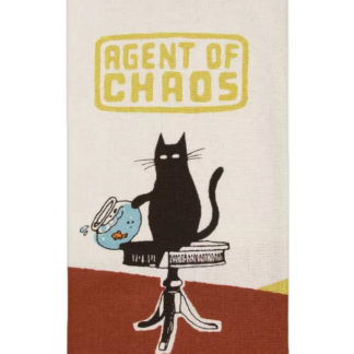 Agent of destruction - Tea Towel: Features a black cat on a table tipping over a fishbowl, with "Agent of Chaos" in yellow above&mdash;a playful Estonian design, ideal for concept shops. Gate21.ee