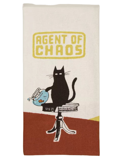 Agent of destruction - Tea Towel: Features a black cat on a table tipping over a fishbowl, with "Agent of Chaos" in yellow above—a playful Estonian design, ideal for concept shops. Gate21.ee