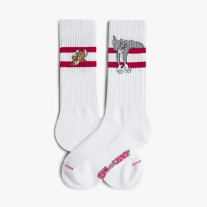 The Tom and Jerry Original - Athletic socks feature a white base with two red stripes; one sock displays Jerry, the other Tom. Both have "Tom & Jerry" text on the toes. Gate21.ee