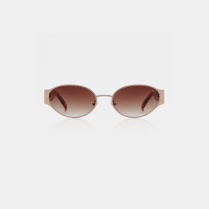 The Bella - Rosegold Havana sunglasses by A. Kjærbede feature round lenses, thin metal frames, and brown graduated lenses, displayed on a plain white background. Gate21.ee