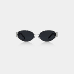Front view of the Bella - Silver Black sunglasses by A. Kjærbede, showcasing oval dark lenses and sleek silver metal frames against a plain light background. Gate21.ee