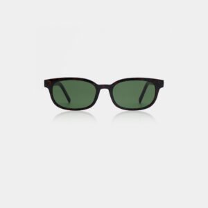 Charlie - Demi Tortoise sunglasses by A. Kjærbede feature dark green lenses and a dark, subtly patterned rectangular frame, displayed on a plain white background. Gate21.ee