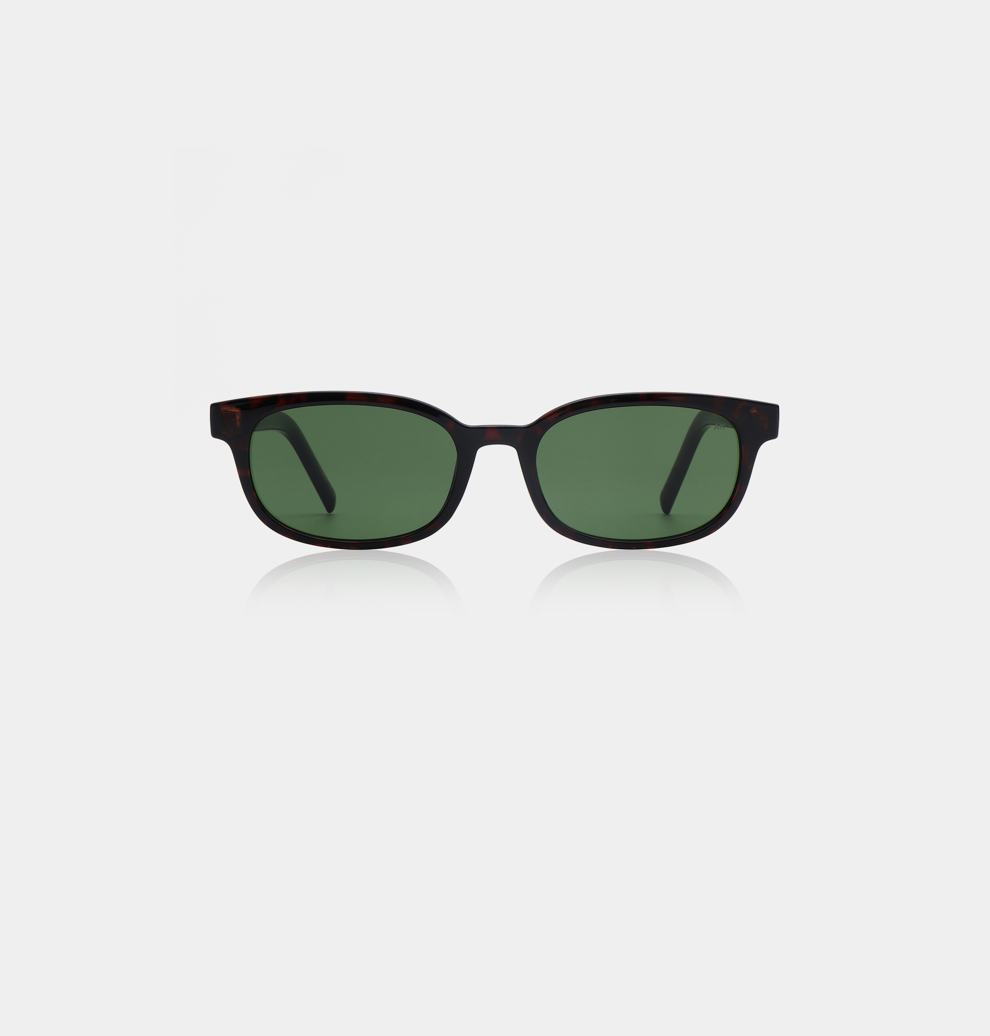 Charlie - Demi Tortoise sunglasses by A. Kjærbede feature dark green lenses and a dark, subtly patterned rectangular frame, displayed on a plain white background. Gate21.ee