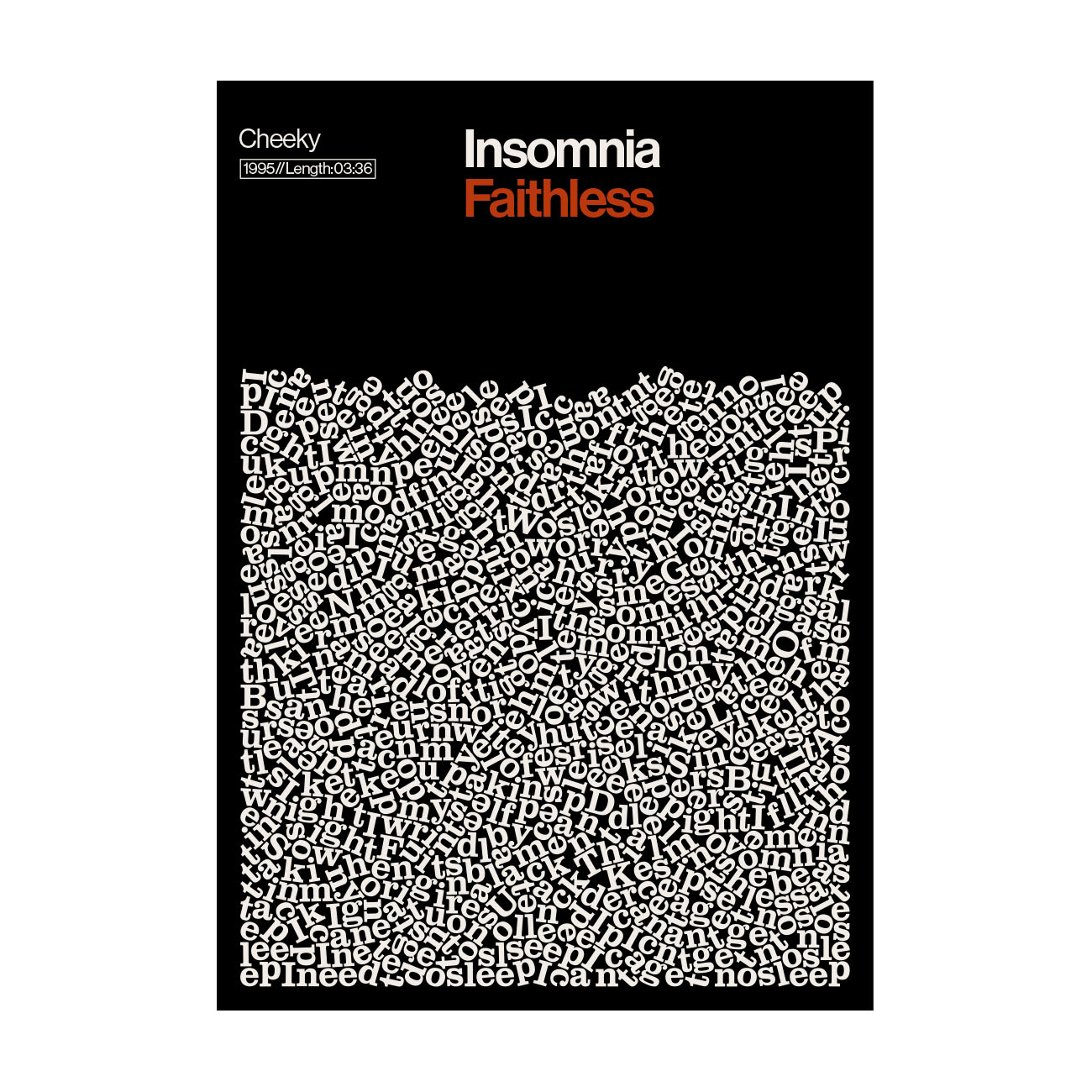 A black poster shows (Sittin’ on) The Dock of the Bay in large text at the top, with scattered, overlapping white letters forming a dense block of song lyrics near the bottom. Artist and year appear at the top left. Gate21.ee