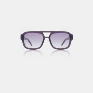 The Kaya - Shadow sunglasses by A. Kjærbede feature a thick, dark purple frame, geometric lenses, and a double bridge design, shown against a plain light grey background. Gate21.ee