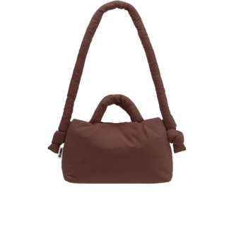 A Mini Ona Soft Bag - Chocolate, featuring padded handles and a knotted, padded shoulder strap, is shown as a brown rectangular bag against a plain white background. Gate21.ee