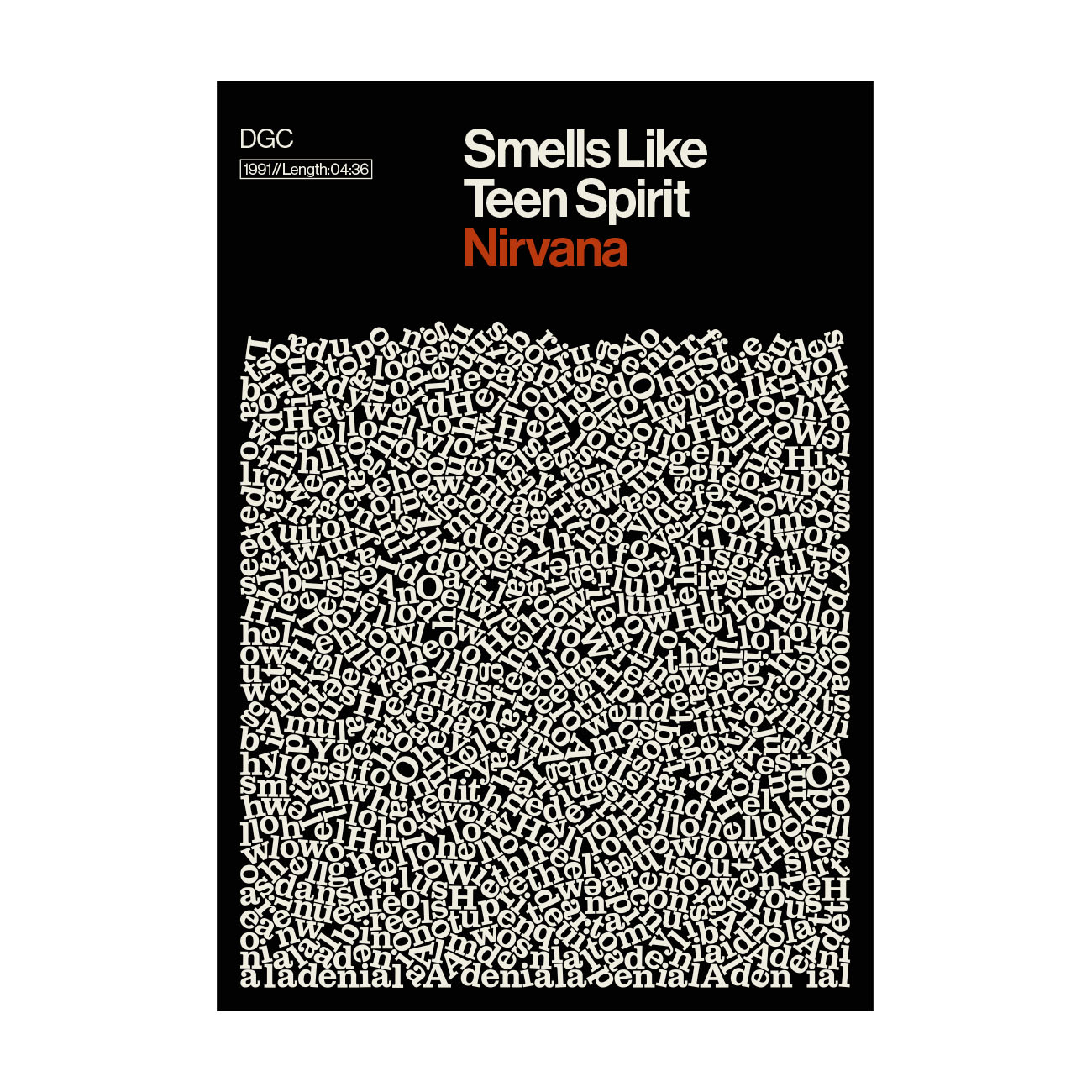 Minimalist poster with a black background. At the top, large text reads (Sittin' on) The Dock of the Bay – Lyrics Poster; below is a dense block of scattered, overlapping white letters and words. Gate21.ee