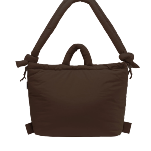 The Ona Soft Bag - Chocolate is a large, rectangular, dark brown padded bag with two short handles and a long, thick shoulder strap featuring knots at each end, displayed against a plain white background. Gate21.ee