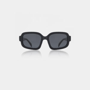 The Pluto - Black sunglasses by A. Kjærbede, featuring a black rectangular frame and dark lenses, are displayed with folded arms against a plain white background. Gate21.ee