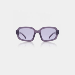 Front view of Pluto - Shadow sunglasses by A. Kjærbede, featuring a rectangular design with thick purple frames and lightly tinted lenses, displayed on a plain white background. Gate21.ee