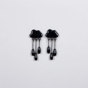 ABE jewellery - Clouds: Black cloud-shaped earrings, each featuring three raindrop pendants, shown on a plain light grey background. Gate21.ee