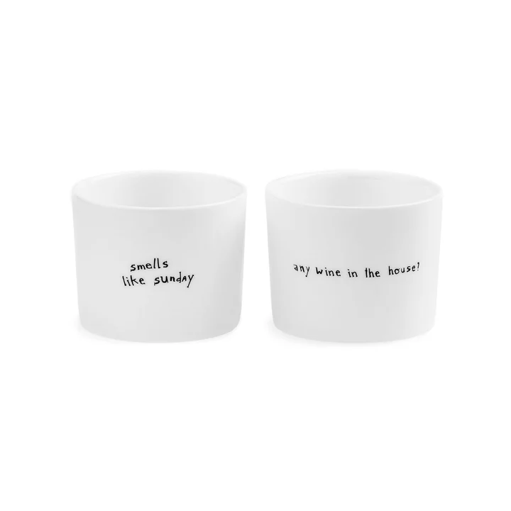 The Rockers Espresso set features two white ceramic cups: one with "smells like sunday" and the other with "any wine in the house?" written in small black text, displayed side by side. Gate21.ee