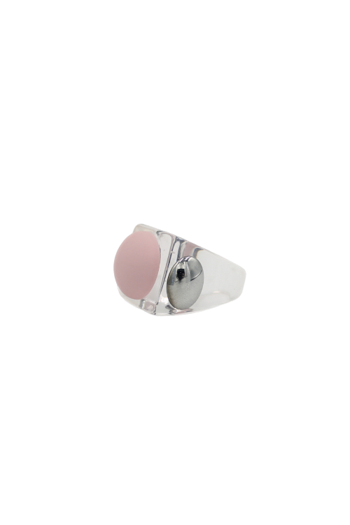 The Miss Nobody transparent/pink Ring features a smooth silver band with a round pale pink stone and a metallic silver sphere set side by side—a striking accessory, ideal for Tallinn shopping or as a standout local gift shop find. Gate21.ee