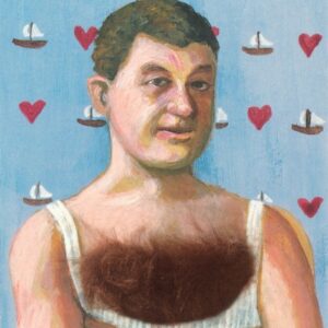 An illustrated portrait of a man with short dark hair in a plush vest and crossed arms. The blue background has red hearts, white sailboats, and vintage-inspired motifs. Product: Hairy Chest - Inkognito Postcards. Gate21.ee