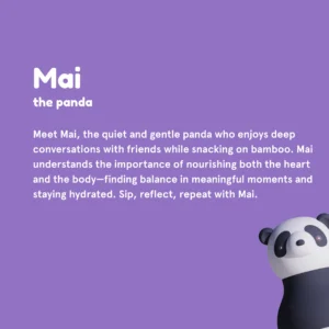 A graphic with a purple background features a cartoon panda in the bottom right corner. Text introduces Mai the gentle, reflective panda, who always carries the Panda Bestie – 740ml for bamboo snacks and meaningful conversations. Gate21.ee
