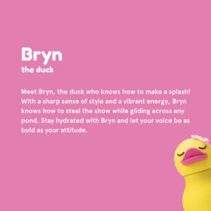 A yellow rubber duck with pink lips and eyelashes appears in the lower right corner on a pink background. Meet Bryn the duck, who adores the Ducky Bestie - 740ml for its fun, bold style and fashionable flair. Gate21.ee