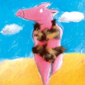 A cartoon-style pink pig from the Pink - Inkognito Postcards series stands upright on a yellow surface in a cavewoman-style fur outfit, set against a bright blue sky with two white clouds. Gate21.ee