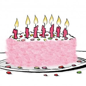 A pink iced cake with seven lit candles and colourful sprinkles sits on a plate. Scattered confetti and a few Hairy Chest - Inkognito Postcards surround the cake, adding extra charm to the celebration. Gate21.ee