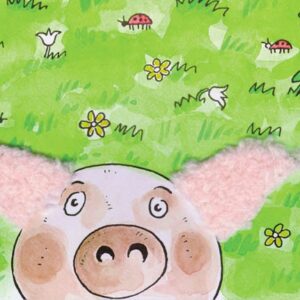 Angel - Inkognito Postcards: Features a whimsical illustration of a pig with big pink ears and a curious look, its face in the foreground amid a green field filled with clovers, flowers, birds, and ladybirds. Gate21.ee