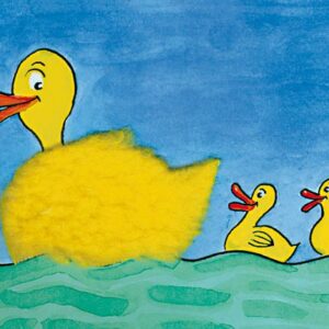 A drawing of a large yellow duck with two ducklings swimming, under a blue sky, all with orange beaks—evoking the playful style of the Hairy Chest - Inkognito Postcards collection. Gate21.ee