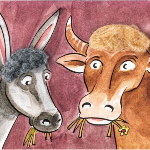 A cartoon donkey with curly dark hair and a brown cow with a tan patch stand side by side, chewing straw; the cow holds a flower. The textured pink-red background adds charm to this Pink - Inkognito Postcards plush scene. Gate21.ee