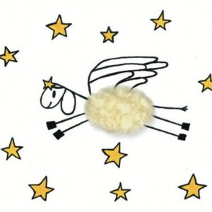The "Angel - Inkognito Postcards" features a cartoon sheep with a plush, fluffy body and sketched wings flying among yellow stars—outlined in black for a whimsical touch on crisp white backgrounds. Gate21.ee