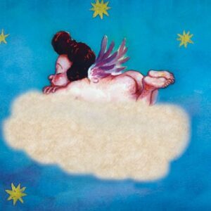 An illustration of a small winged cherub sleeping on a fluffy cloud against a blue sky with yellow stars, evoking the dreamy charm of Pink - Inkognito Postcards. The cherub faces left and rests peacefully. Gate21.ee