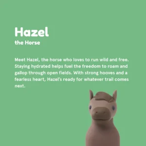 A simple illustration of a brown horse named Hazel appears on a green background. Text highlights Hazel’s love for adventure, always bringing the Horse Bestie - 740ml to stay hydrated whilst exploring open fields. Gate21.ee