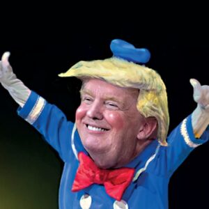 A person with a face and hairstyle like Donald Trump sports a blue cartoon outfit, red bow tie, white gloves, and blue hat, giving thumbs up—resembling the star of Hairy Chest - Inkognito Postcards. Gate21.ee