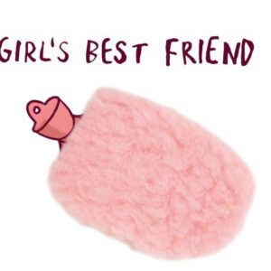 A quirky pink rubber hot water bottle, partly covered by a plush pink cover, resembles the playful style of the "Hairy Chest - Inkognito Postcards"—warm and fun, like a cosy hug with handwritten charm. Gate21.ee