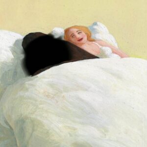 A smiling blonde woman with light skin lies in bed under white sheets beside a dark, featureless silhouette, reminiscent of a Pink - Inkognito Postcards print. The background is plain. Gate21.ee