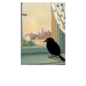 A black bird perches on an interior windowsill, looking out at houses and a church steeple. A white curtain with blue spots hangs nearby, bringing to mind the playful style of Pink - Inkognito Postcards. Gate21.ee