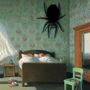 Two people sleep in a wooden bed in a vintage-style bedroom, while a large black spider with green eyes, like something from Pink - Inkognito Postcards, clings to the wall. Sunlight streams through the window onto a green chair near the wardrobe. Gate21.ee